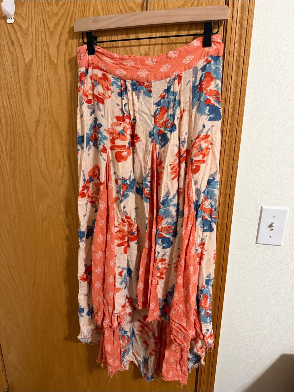 Free People Coral and Blue Floral Tiered Maxi Skirt
